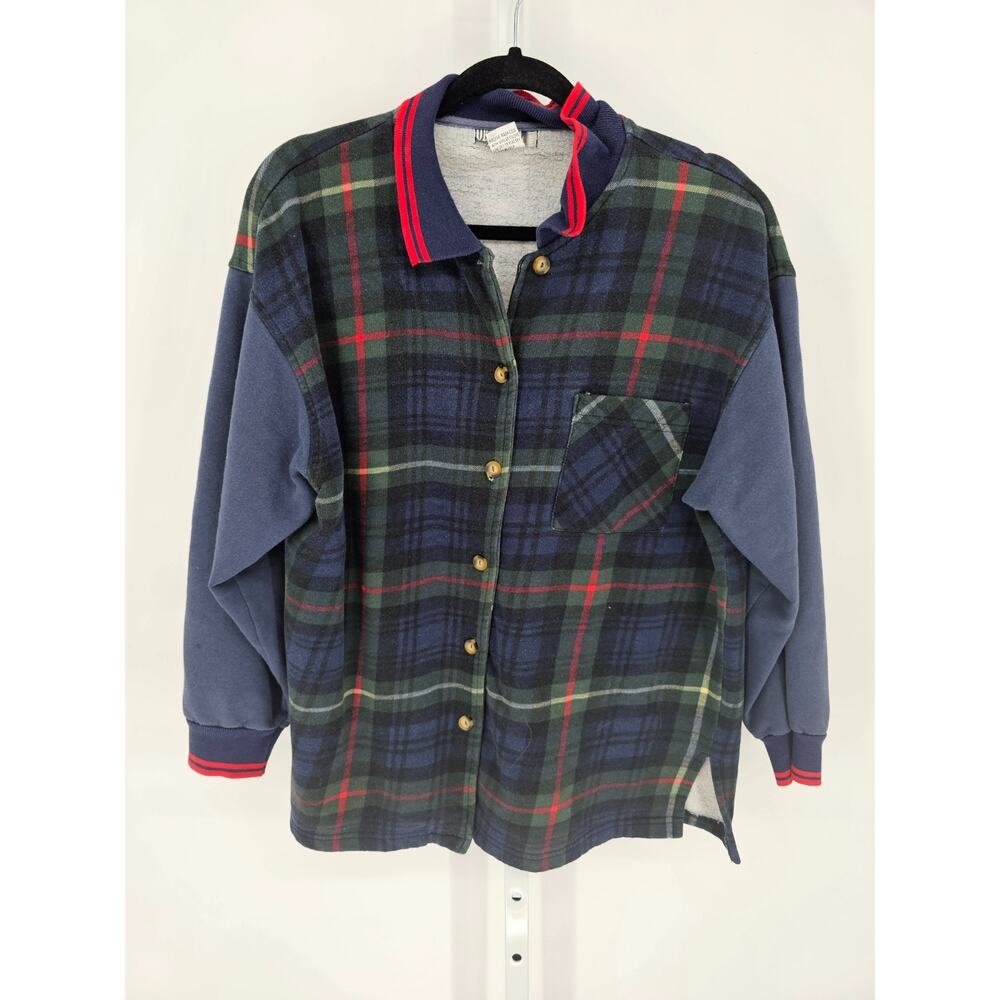 Vtg 1990s Womens Sz L Button Up Cotton Bomber Jacket Plaid Color Block